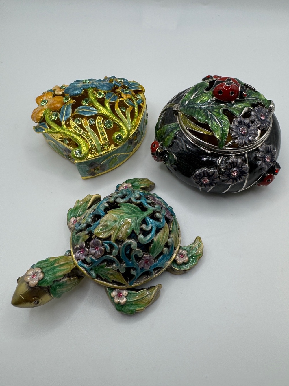 Lot of 3 Enameled Rhinestone Trinket Boxes Turtle Ladybug Heart Magnetic